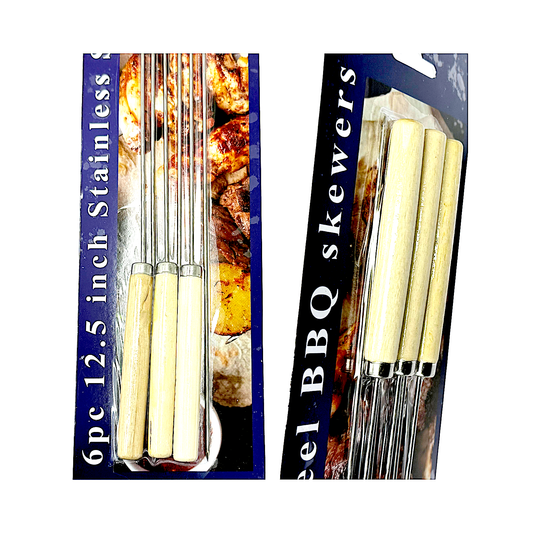 6 pc Stainless Steel BBQ Skewers, 12.5 inches with wooden handle
