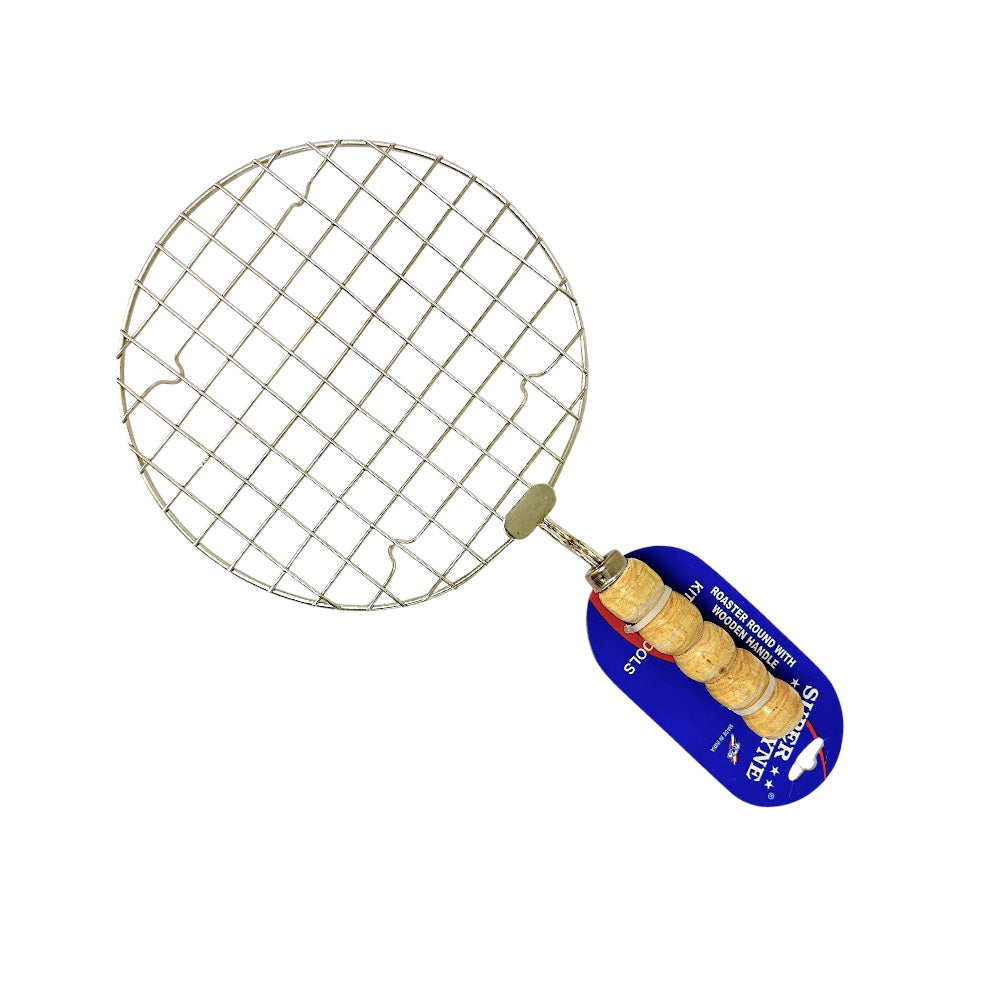 Stainless Steel Round Roaster with Wooden Handle — Roti, Papad & Vegetable Grill (MOQ=dz)