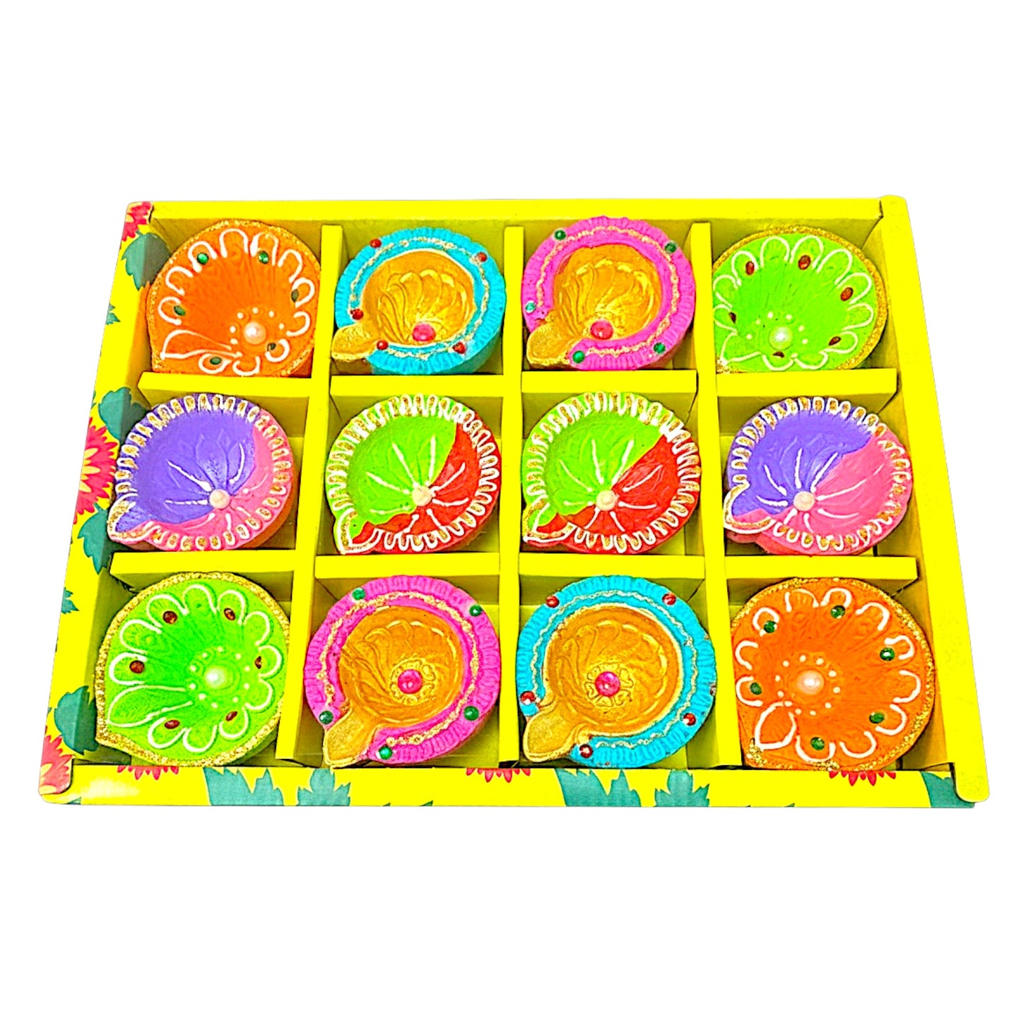 12 pc Deco Diya Box (Surya+SL+Morpich), colorful diyas (MOQ=2dz)