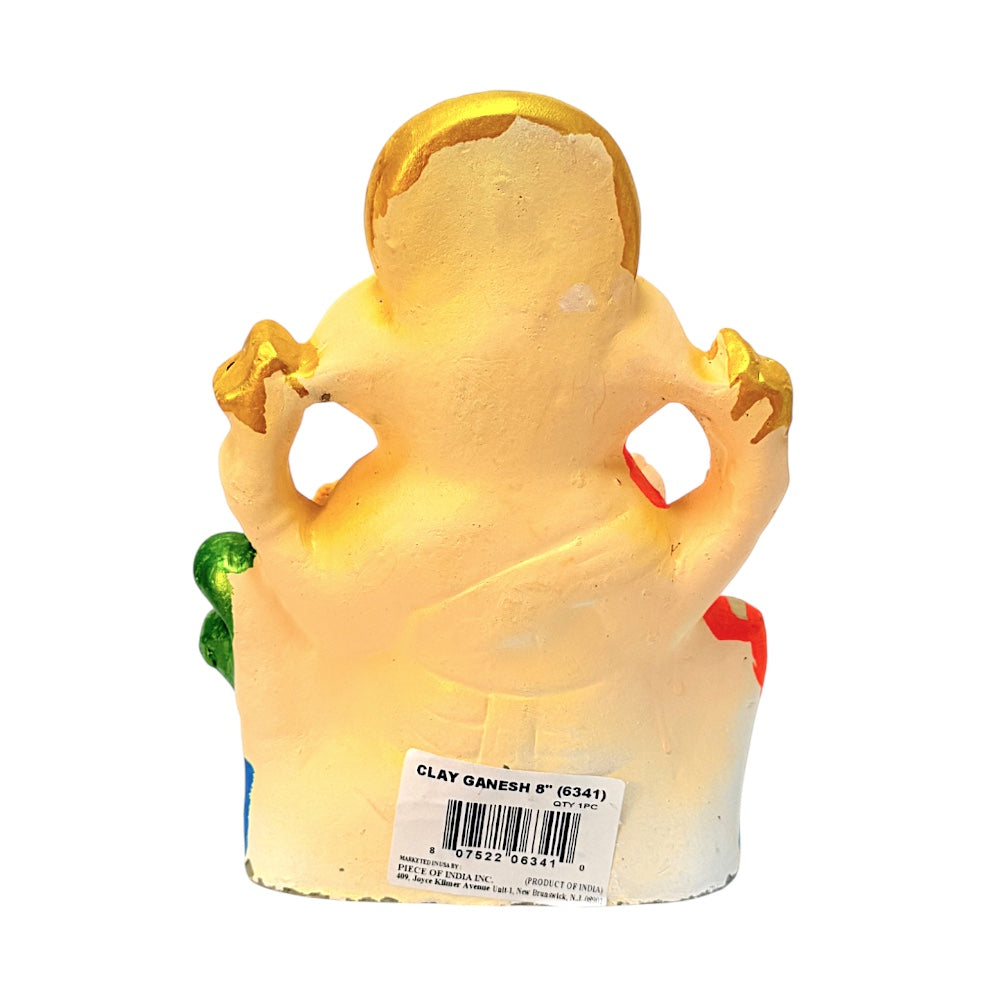 Eco-Friendly Clay Ganesha, color and gold on throne 8" (MOQ=8 pcs)