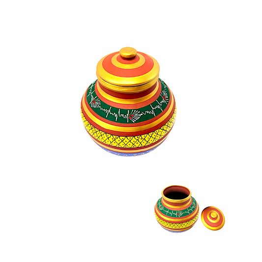 Clay Matka with lid, hand painted, 8L Clay Matka (water tank) with lid, hand painted, (Color and design may vary) (MOQ=ea)