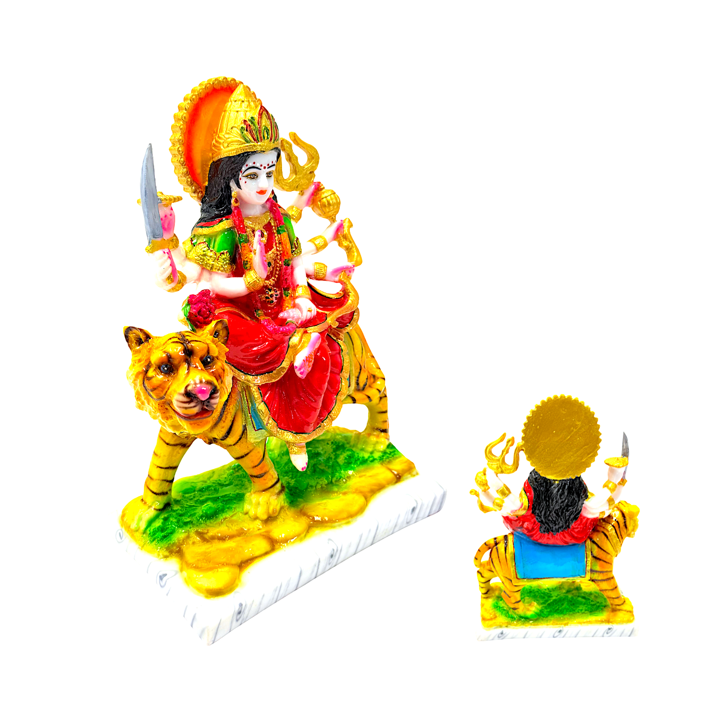Goddess Durga statue, colorful marble dust, on Tiger 12 inches (MOQ=ea)