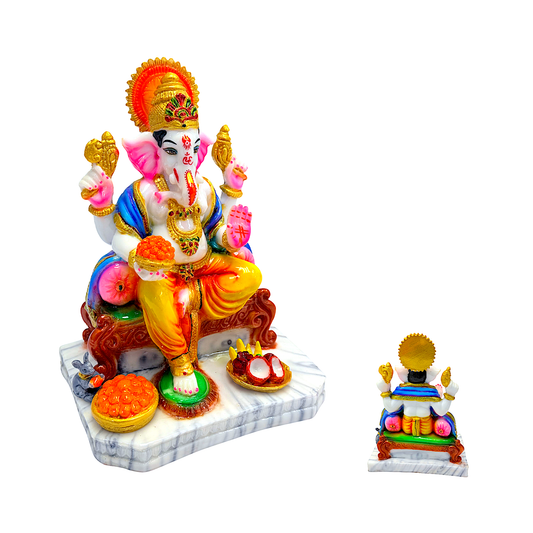 Lord Ganesha statue, colorful marble dust, on throne, 10 inches (MOQ=ea)