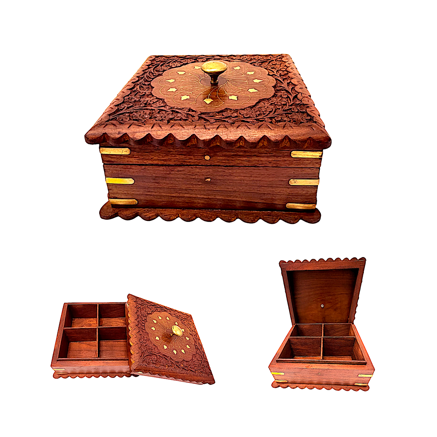 Wooden jewel box, 7 inches square with 4 compartments (MOQ=ea)