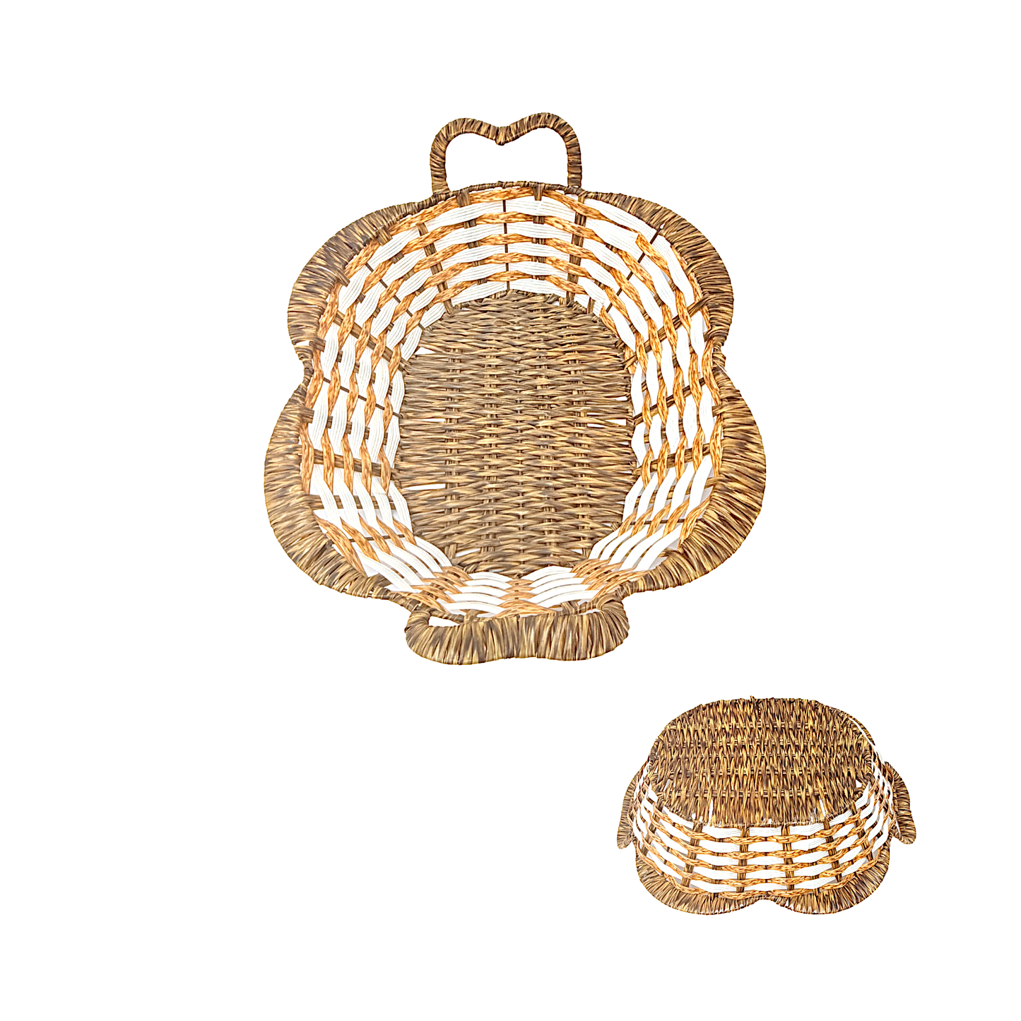 Mkaurs rectangular flower woven offwhite and brown wicker basket with handles (MOQ=dz)