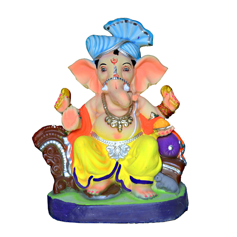 Eco-Friendly Clay Ganesha, color and gold on throne with turban 18" (MOQ=2 pcs)
