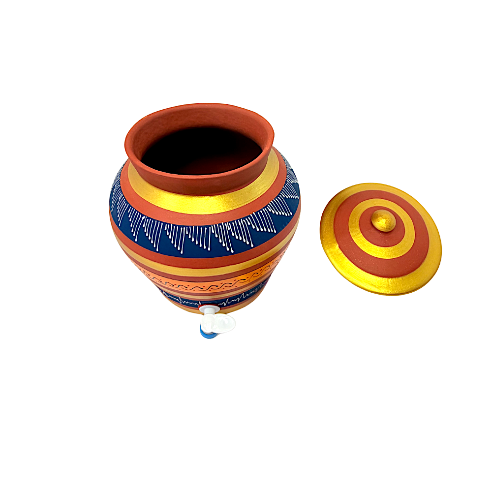 Clay Matka (water tank) with lid, hand painted with tap, 8L (Color and Design may vary) (MOQ=ea)