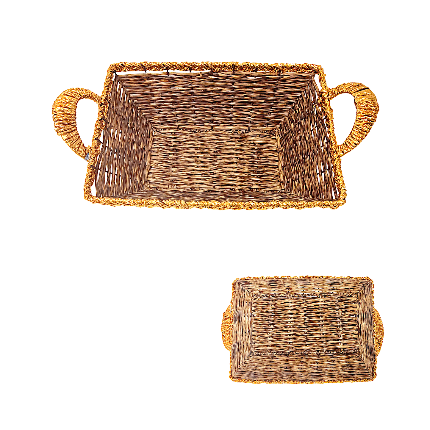 Mkaurs rectangle woven brown with golden rim wicker basket with gold handles (MOQ=dz)