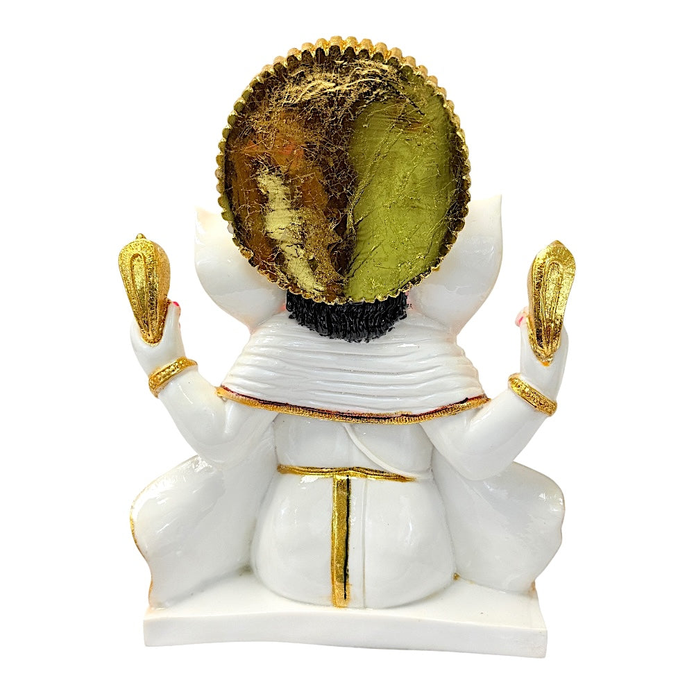 Lord Ganesha with Laddoo, white and gold, marble dust 12" (MOQ=ea)