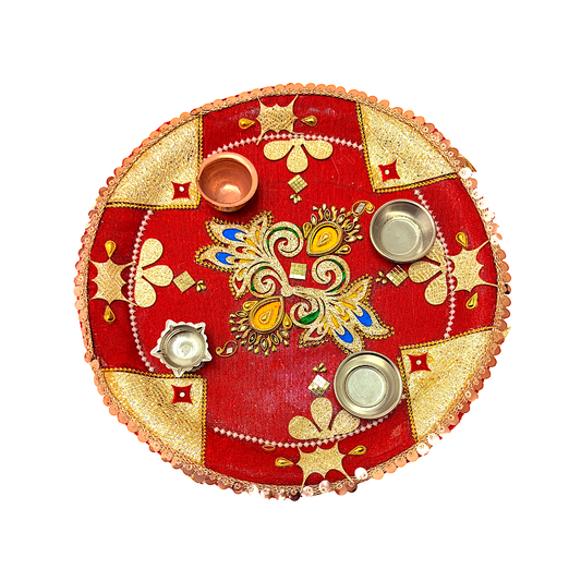 Puja Thali (tray) with diya copper lota and 2 diyas 12.5" Assorted Designs(MOQ=ea)