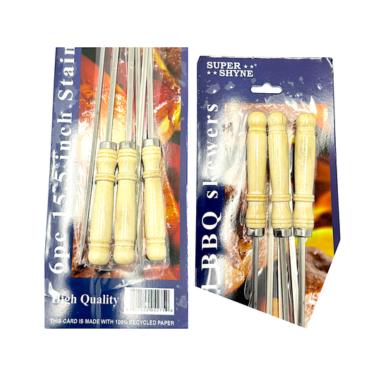 6 pc Stainless Steel BBQ Skewers, 15.5 inches with wooden handle
