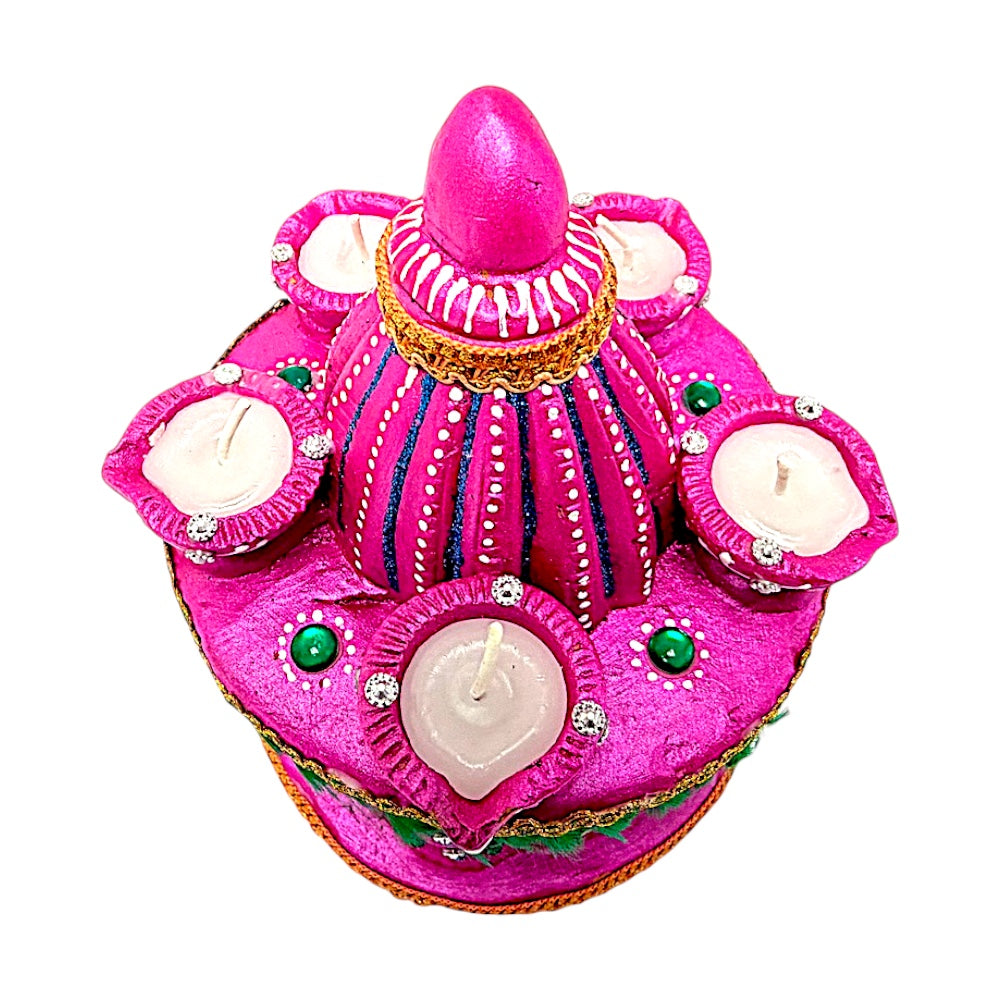 Clay Mandir style diya with Wax, assorted colors (MOQ=dz)