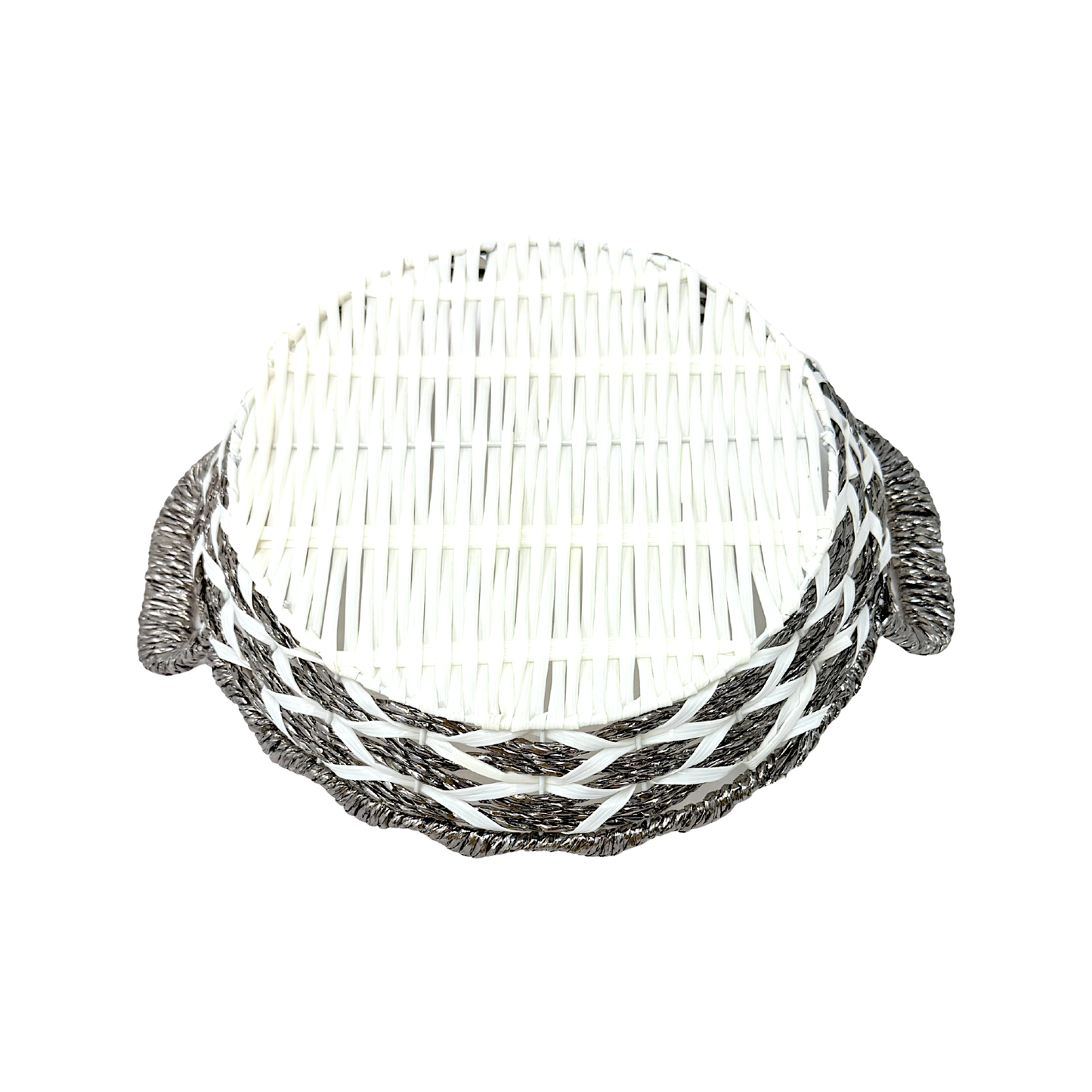 Mkaurs Round woven white and metallic silver wicker basket with handles (MOQ=dz)