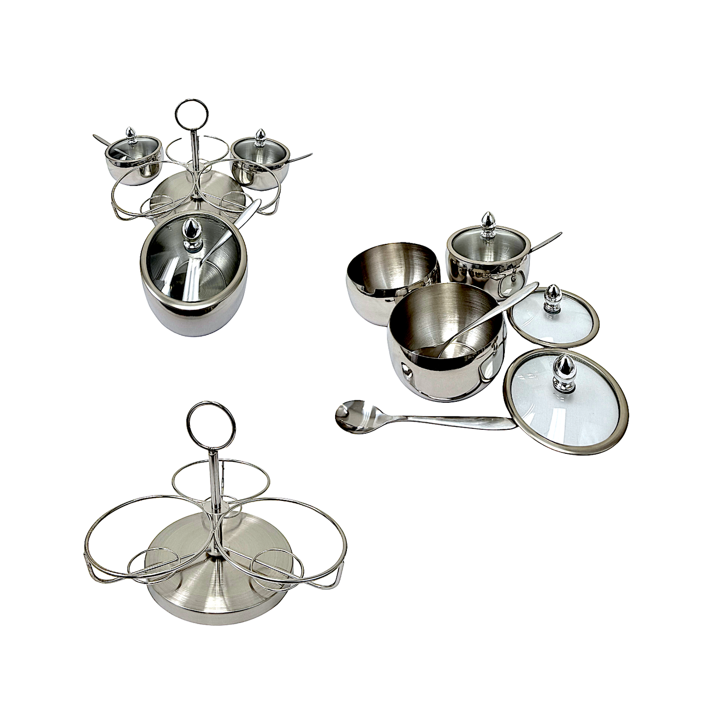 Extra fancy Pickle Pot Set- Stainless steel, Glass top lid, 3 spoons (MOQ=ea)