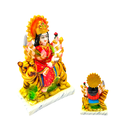 Goddess Durga on tiger, colorful marble dust, 7 inches (MOQ=ea)