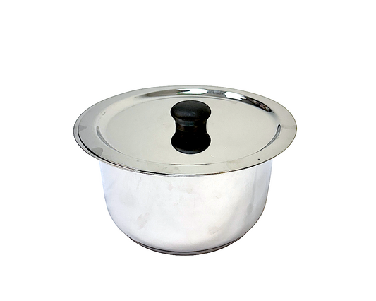 Steel pot with lip heavy bottom w lid W: 8.75" H 4.5" (MOQ=ea)