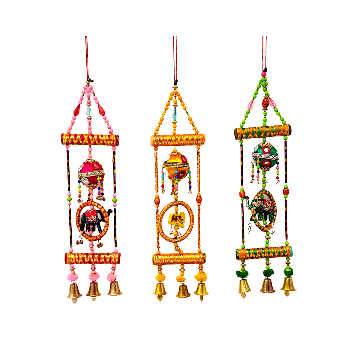 Hanging #3 Elephant hanging w 3 bells assorted colors (MOQ=ea)