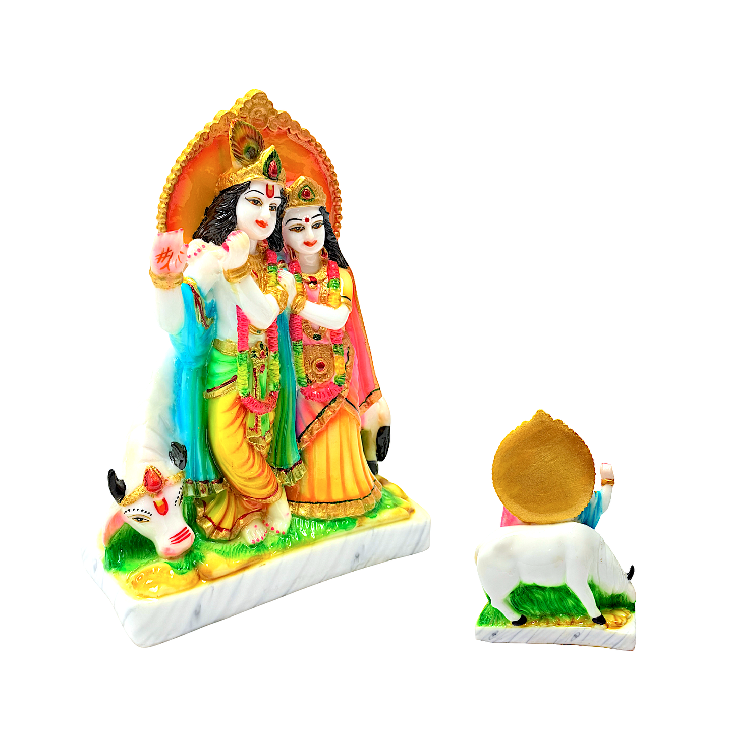 Radha Krishna with cow, colorful marble dust, 9 inches (MOQ=ea)