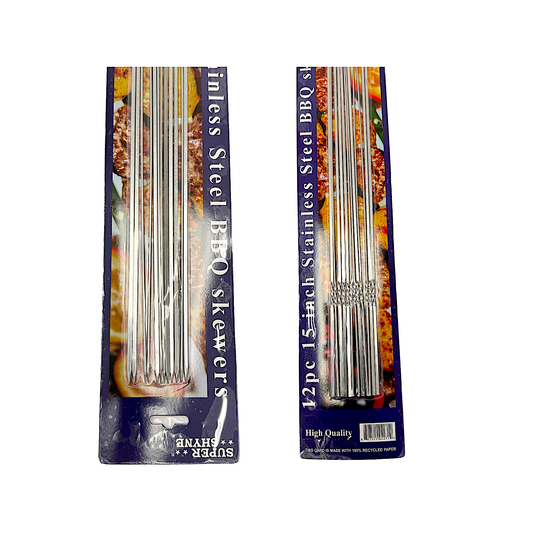 12 pc Stainless Steel BBQ Skewers, 15 inches