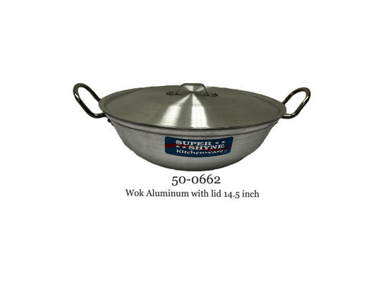 Aluminum Kadai (wok) across with lid. (MOQ=ea)