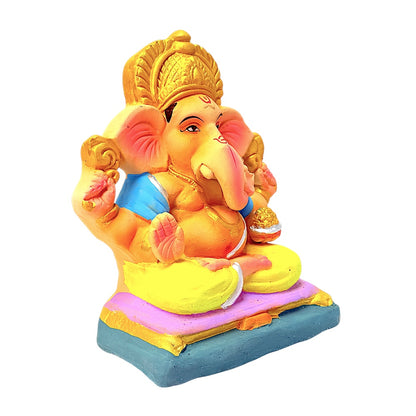 Eco-Friendly Clay Ganesha, color and gold on throne 8" (MOQ=8 pcs)