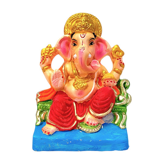 Eco-Friendly Clay Ganesha, color and gold on throne 8" (MOQ=8 pcs)