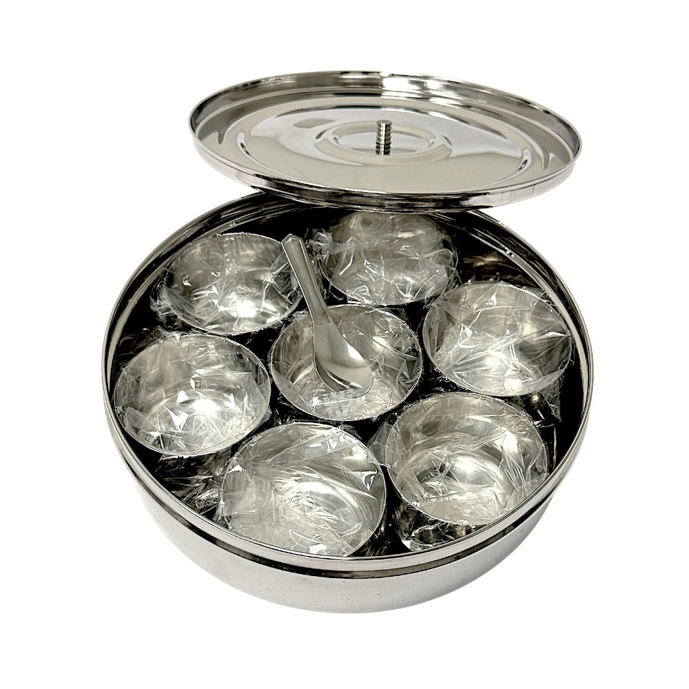 Spice box (Masala Dibba) with steel lid and spoon  (MOQ=ea)
