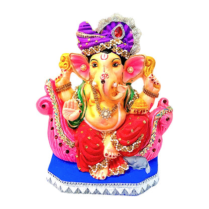 Eco-Friendly Clay Ganesha, color and gold with turban on throne 10" (MOQ=6 pcs)