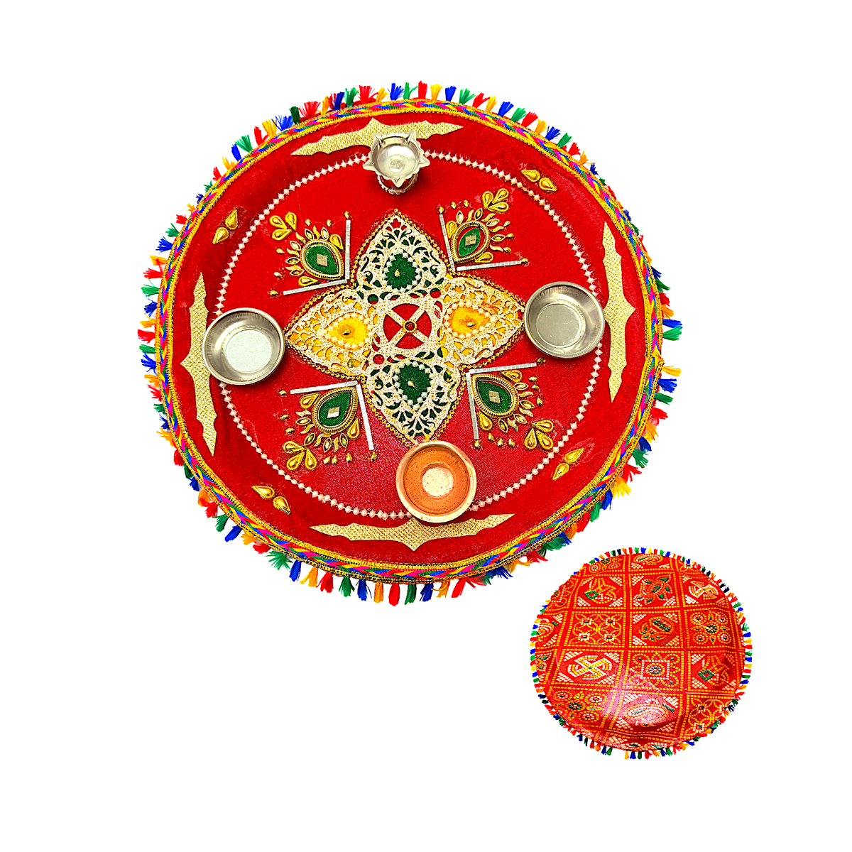 Puja Thali (tray) with diya copper lota and 2 diyas 12.5" Assorted Designs(MOQ=ea)