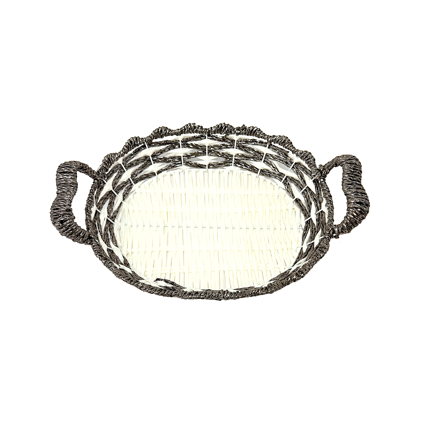 Mkaurs Oval woven white and metallic silver wicker basket with handles (MOQ=dz)