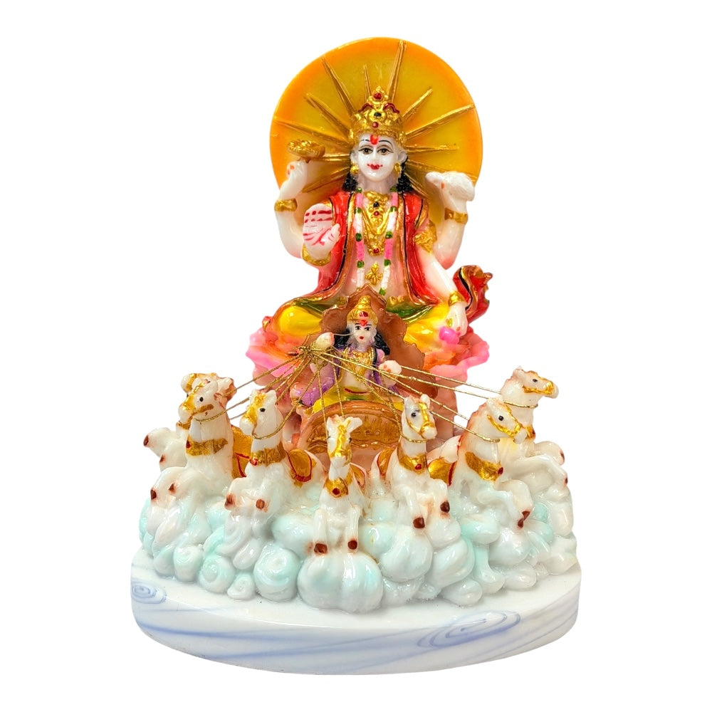 Surya with seven horses, marble dust 6" (MOQ=ea)