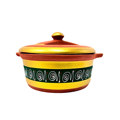 Clay Haandi (pot) for cooking 3.5 liter with painted sides (Color and Design may vary)