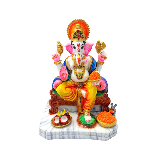 Lord Ganesha statue, colorful marble dust, on throne, 10 inches (MOQ=ea)