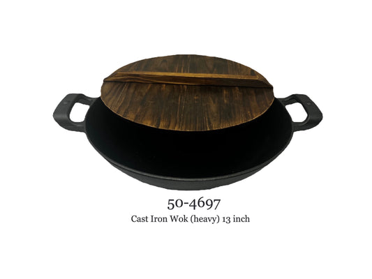 Cast Iron wok (heavy) with wooden lid 13.25"dia  (MOQ=ea)