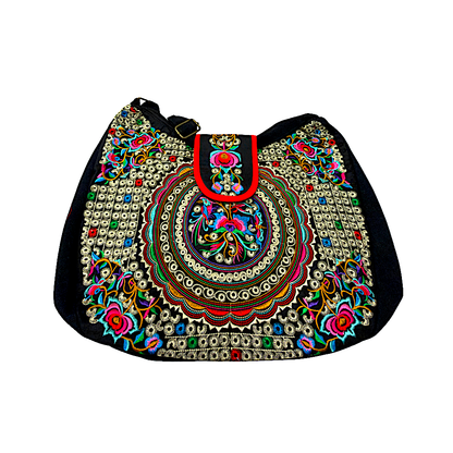 Embroidered, Handicraft shoulder bag with a zipper pocket and snap button (MOQ=10pc)