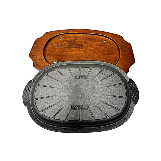 Sizzler Cast iron L: 10" W: 6" small handles wood base (MOQ=ea)