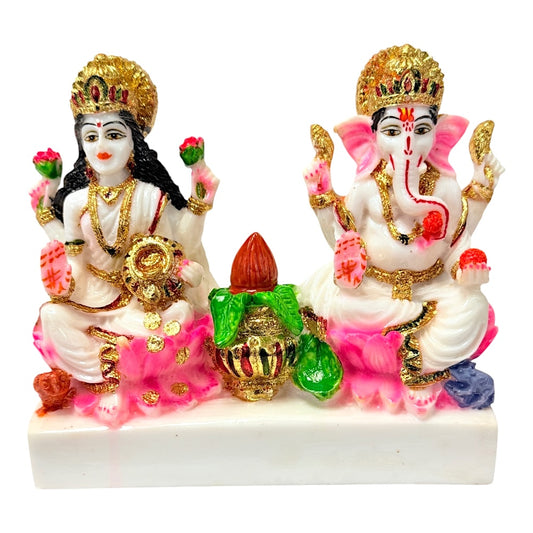 Laxmi, Ganesh on one platform, marble dust 7" (MOQ=ea)
