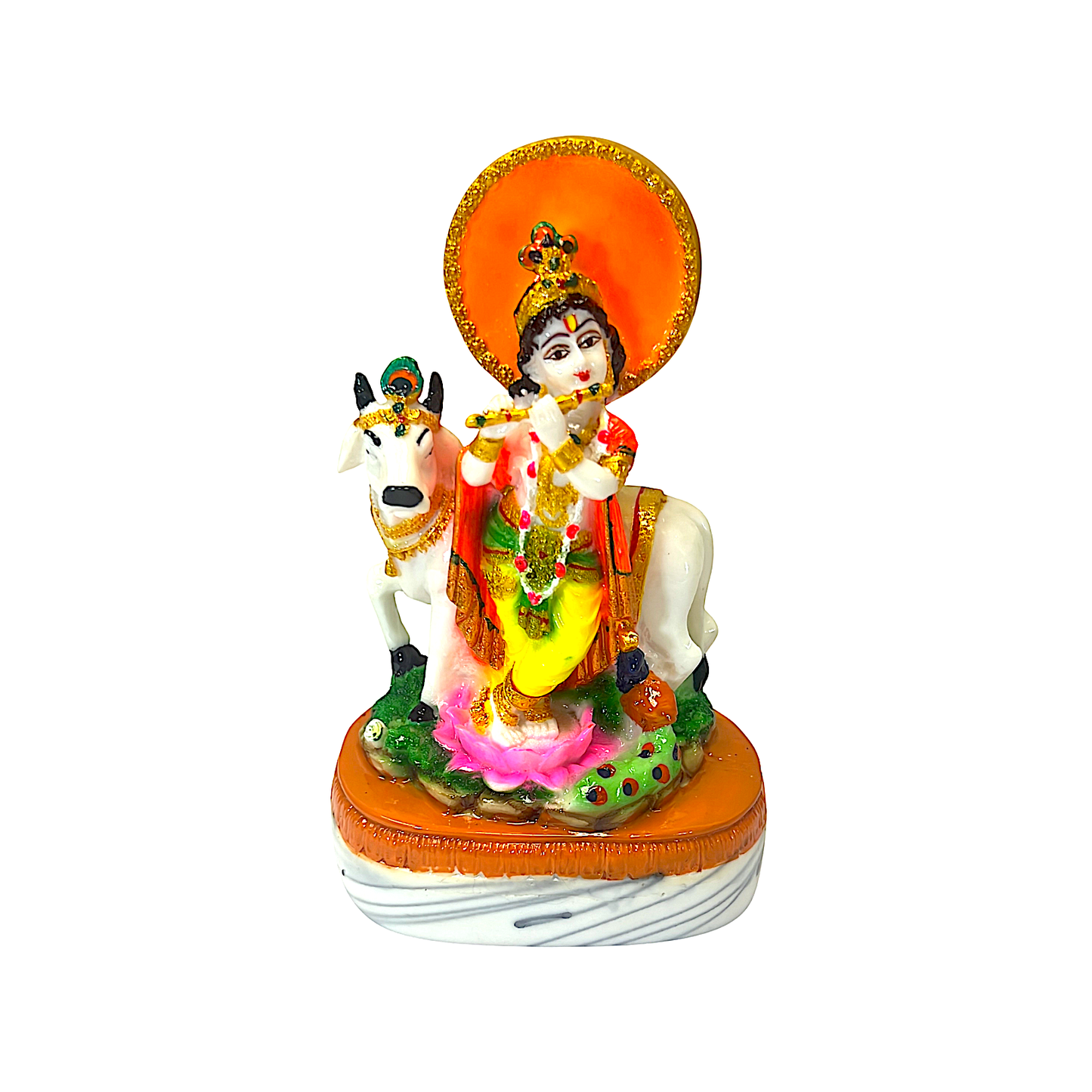 Lord Krishna with flute and cow , colorful marble dust,  7 inches (MOQ=ea)