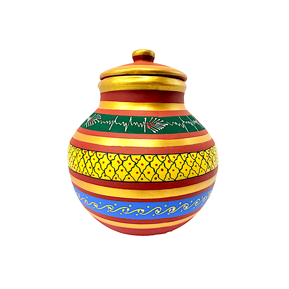 Clay Matka with lid, hand  painted, 8L Clay Matka (water tank) with lid, hand  painted, (Color and design may vary) (MOQ=ea)