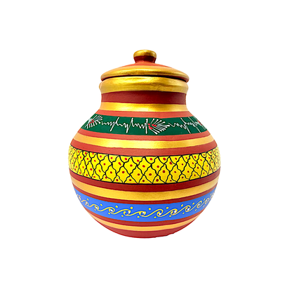 Clay Matka with lid, hand  painted, 8L Clay Matka (water tank) with lid, hand  painted, (Color and design may vary) (MOQ=ea)