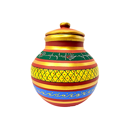 Clay Matka with lid, hand  painted, 8L Clay Matka (water tank) with lid, hand  painted, (Color and design may vary) (MOQ=ea)