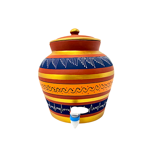 Clay Matka (water tank) with lid, hand  painted with tap, 8L (Color and Design may vary) (MOQ=ea)