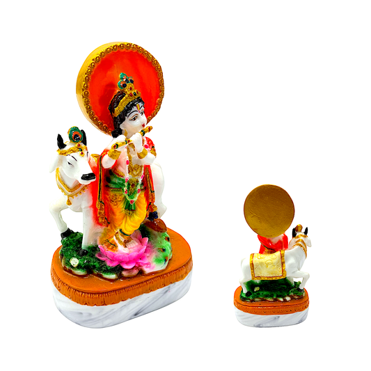 Lord Krishna with flute and cow , colorful marble dust,  7 inches (MOQ=ea)