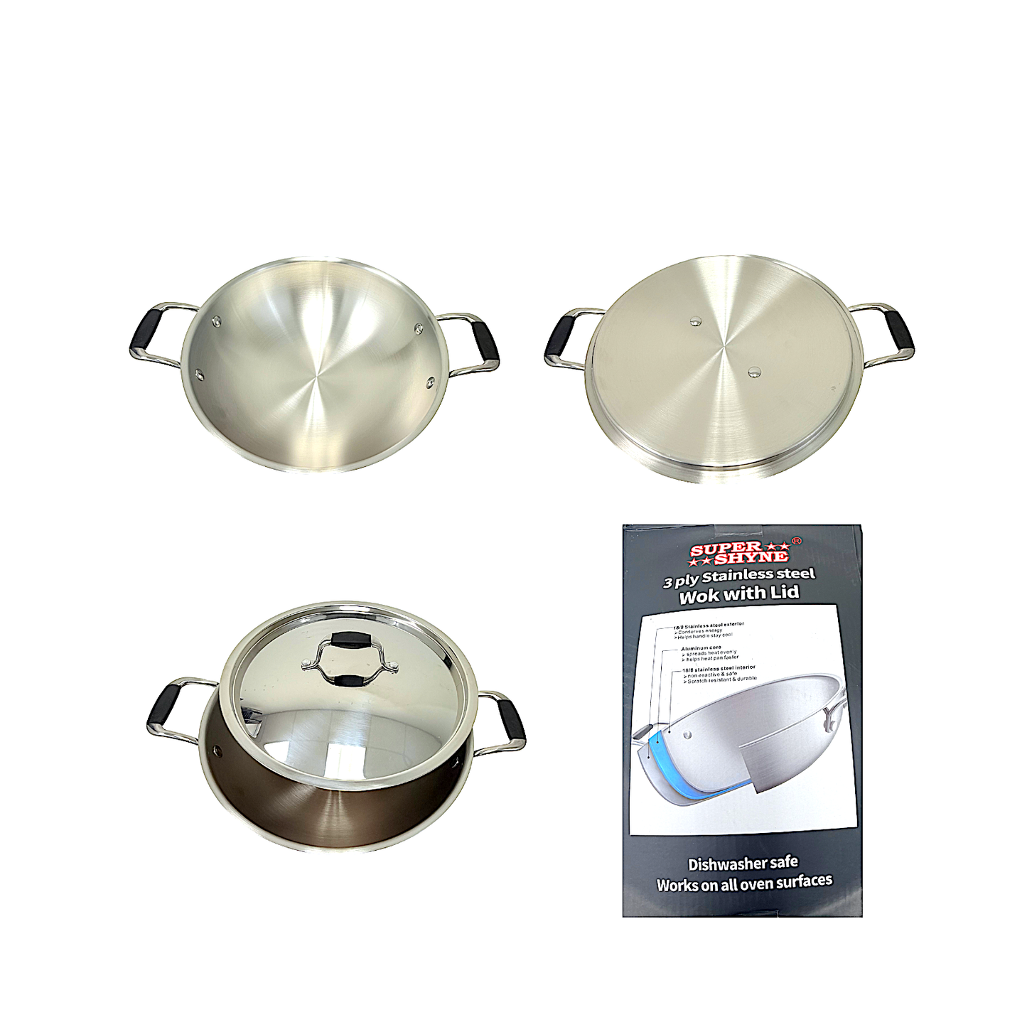 Wok 3 ply 18/8 steel with Steel lid 4 Qt   (MOQ=ea)