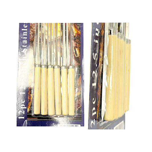 12 pc Stainless Steel BBQ Skewers, 12.5 inches with wooden handle