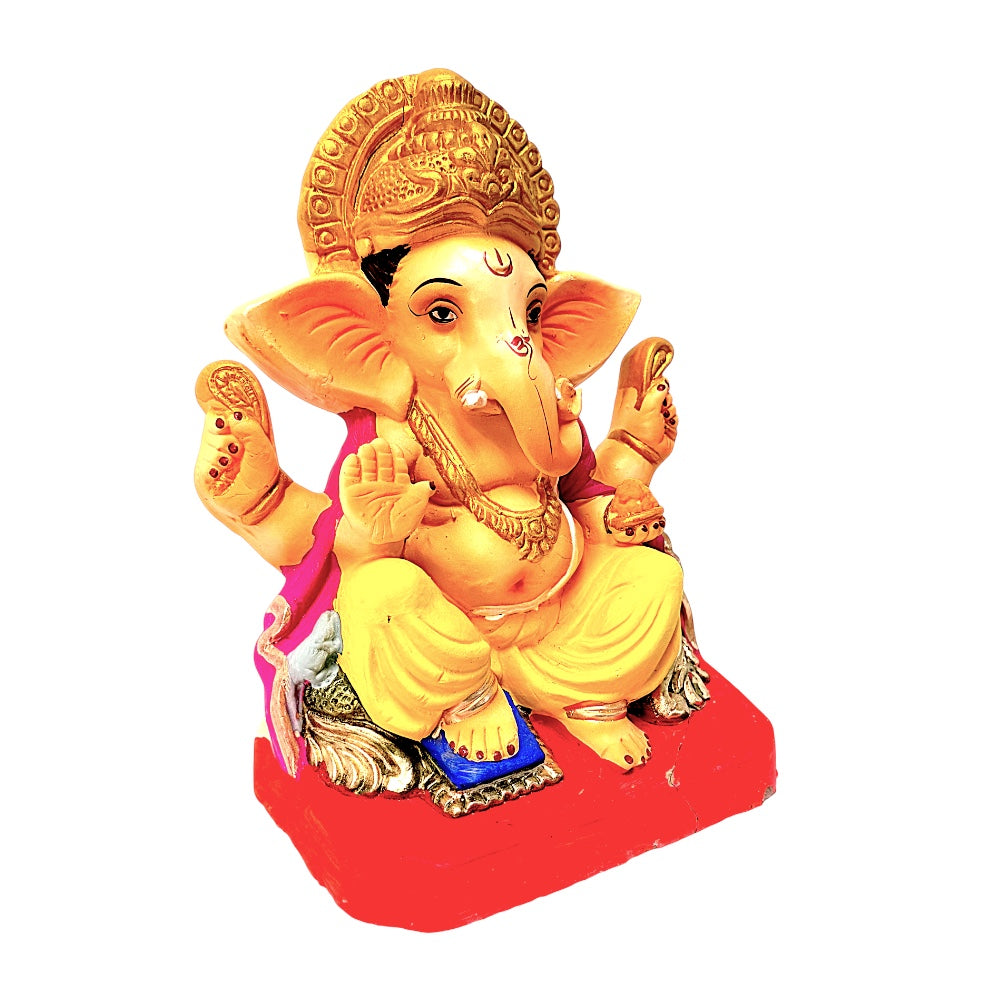Eco-Friendly Clay Ganesha, color and gold on throne 10" (MOQ=6 pcs)