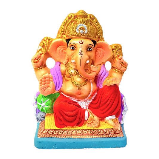 Eco-Friendly Clay Ganesha, color and gold on throne 12" (MOQ=4 pcs)