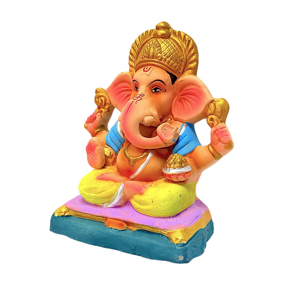 Eco-Friendly Clay Ganesha, color and gold on throne 8" (MOQ=8 pcs)