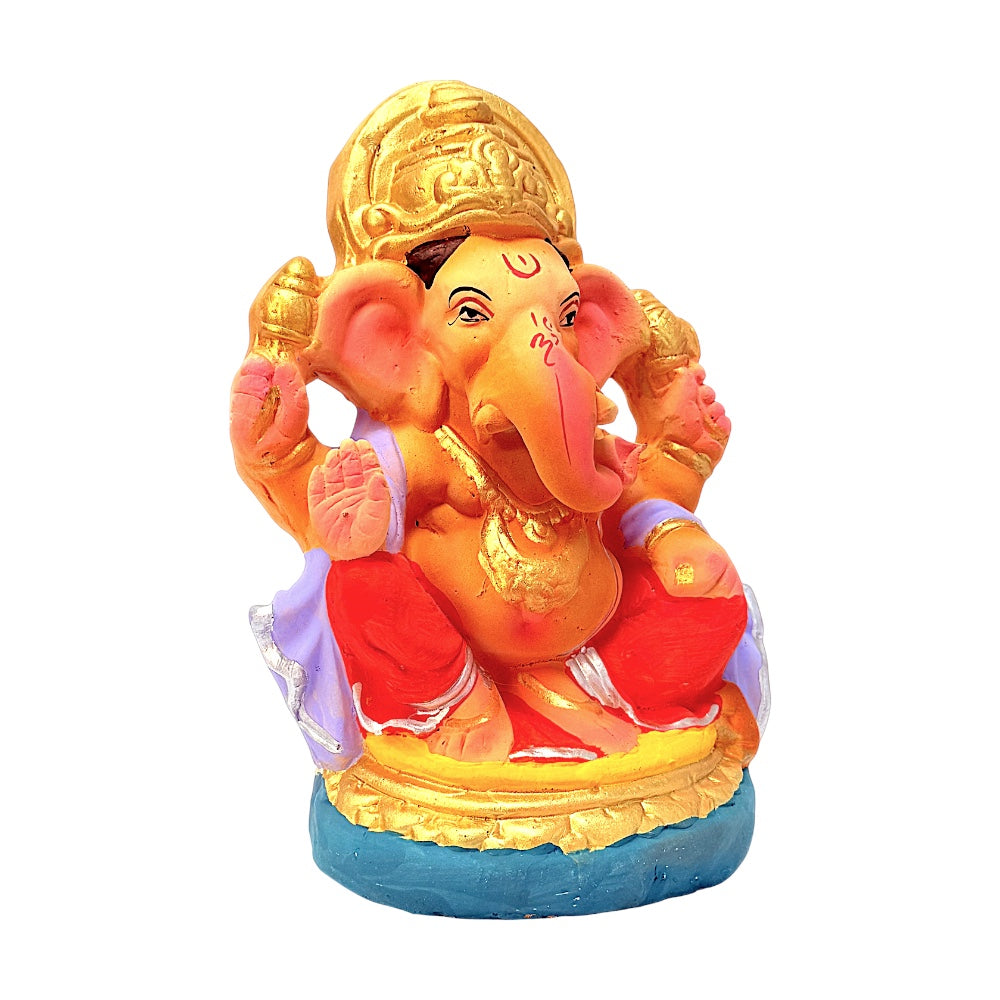 Eco-Friendly Clay Ganesha, color and gold on throne 8" (MOQ=8 pcs)