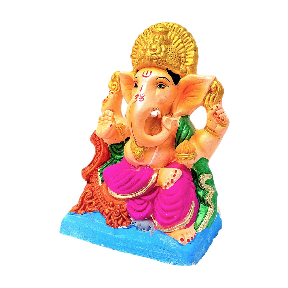 Eco-Friendly Clay Ganesha, color and gold on throne 10" (MOQ=6 pcs)